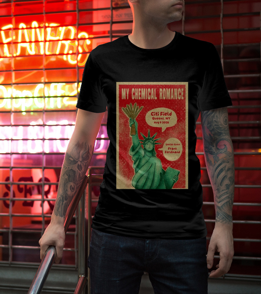 My Chemical Romance Citi Field Queens NY August 9 2026 Special Guest Franz Ferdinand Statue Of Liberty T-Shirt