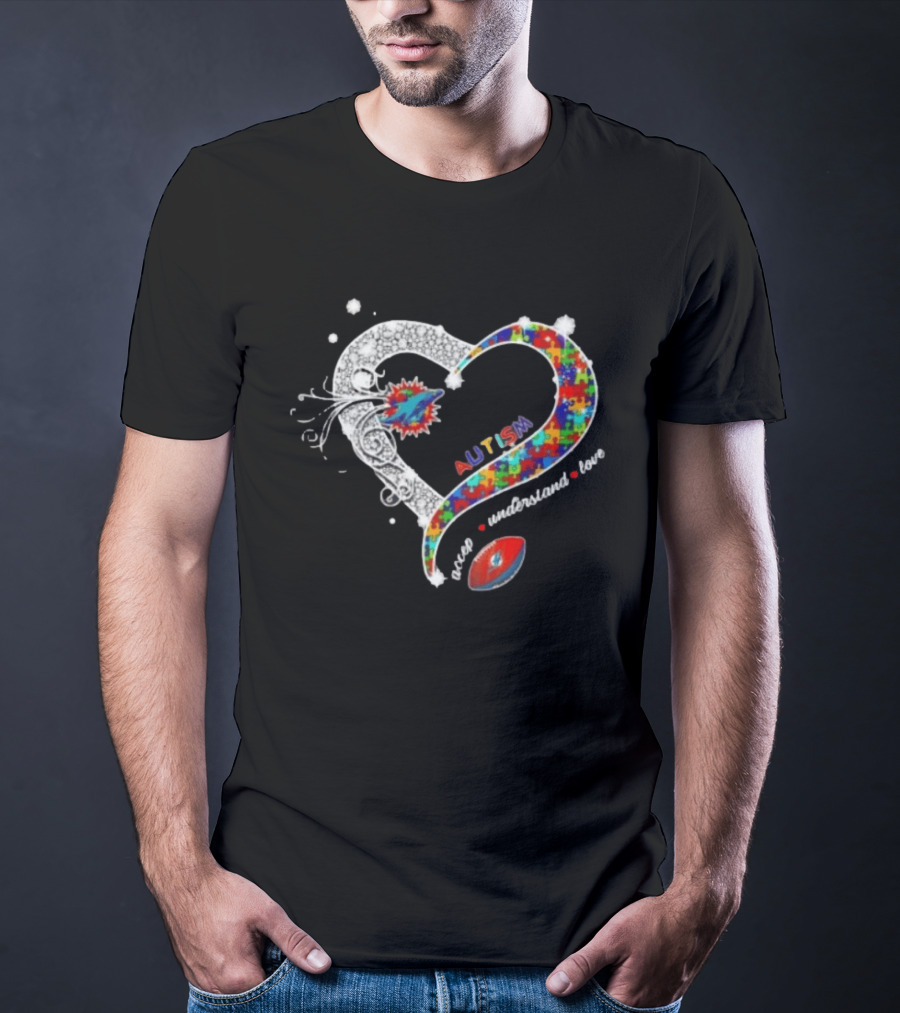 Miami Dolphins Autism Accept Understand Love Heart Diamond Puzzle T-Shirt