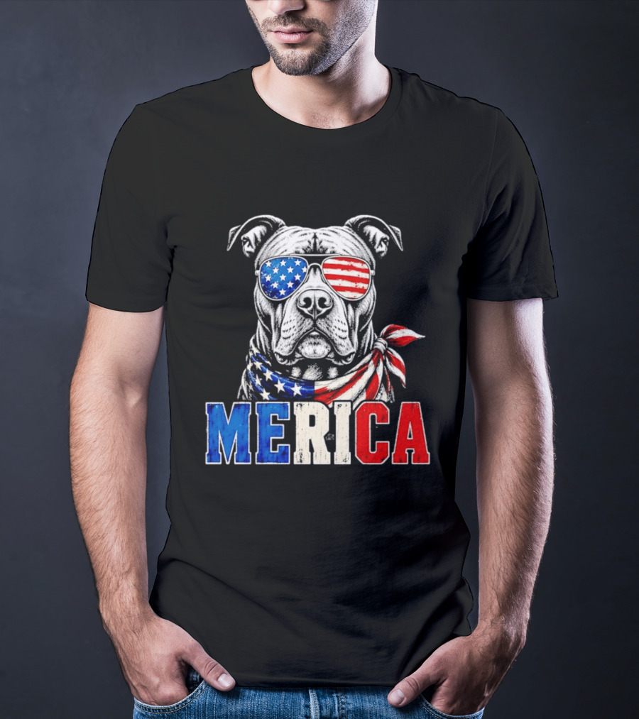 Patriotic Pit Bull Merica Dog With American Flag Sunglasses And Bandana T-Shirt