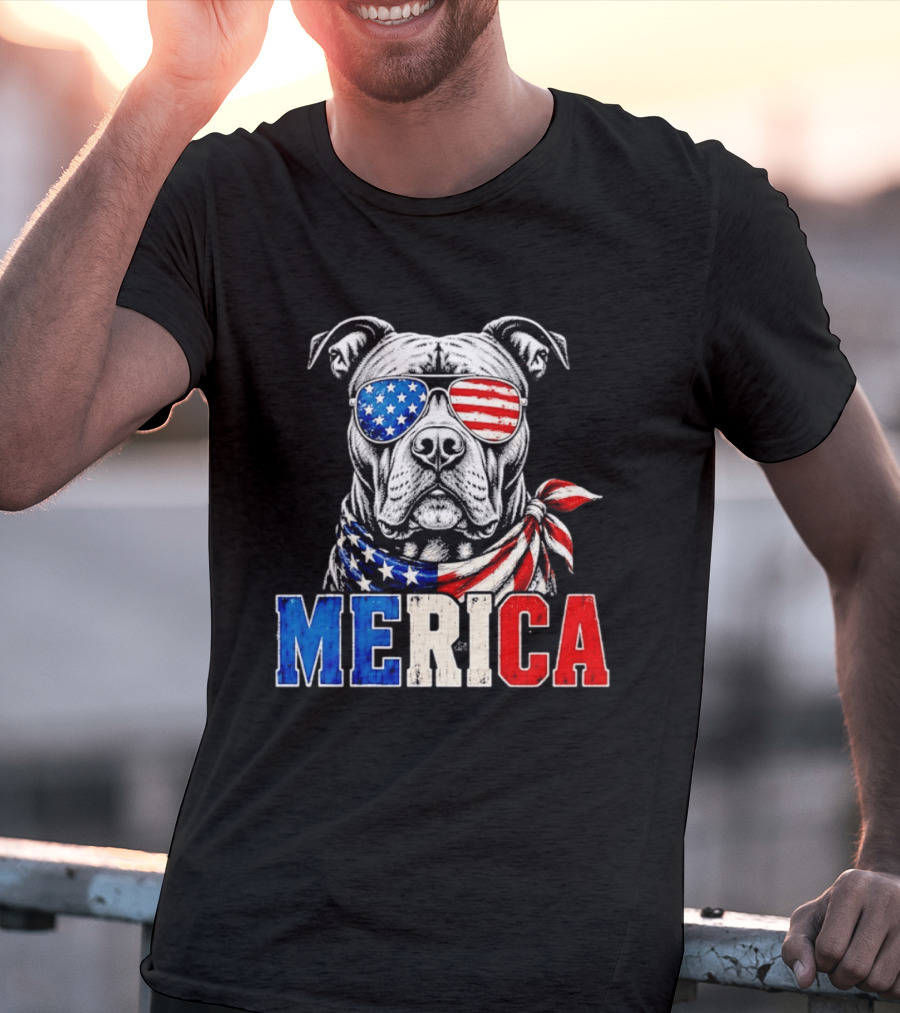 Patriotic Pit Bull Merica Dog With American Flag Sunglasses And Bandana T-Shirt