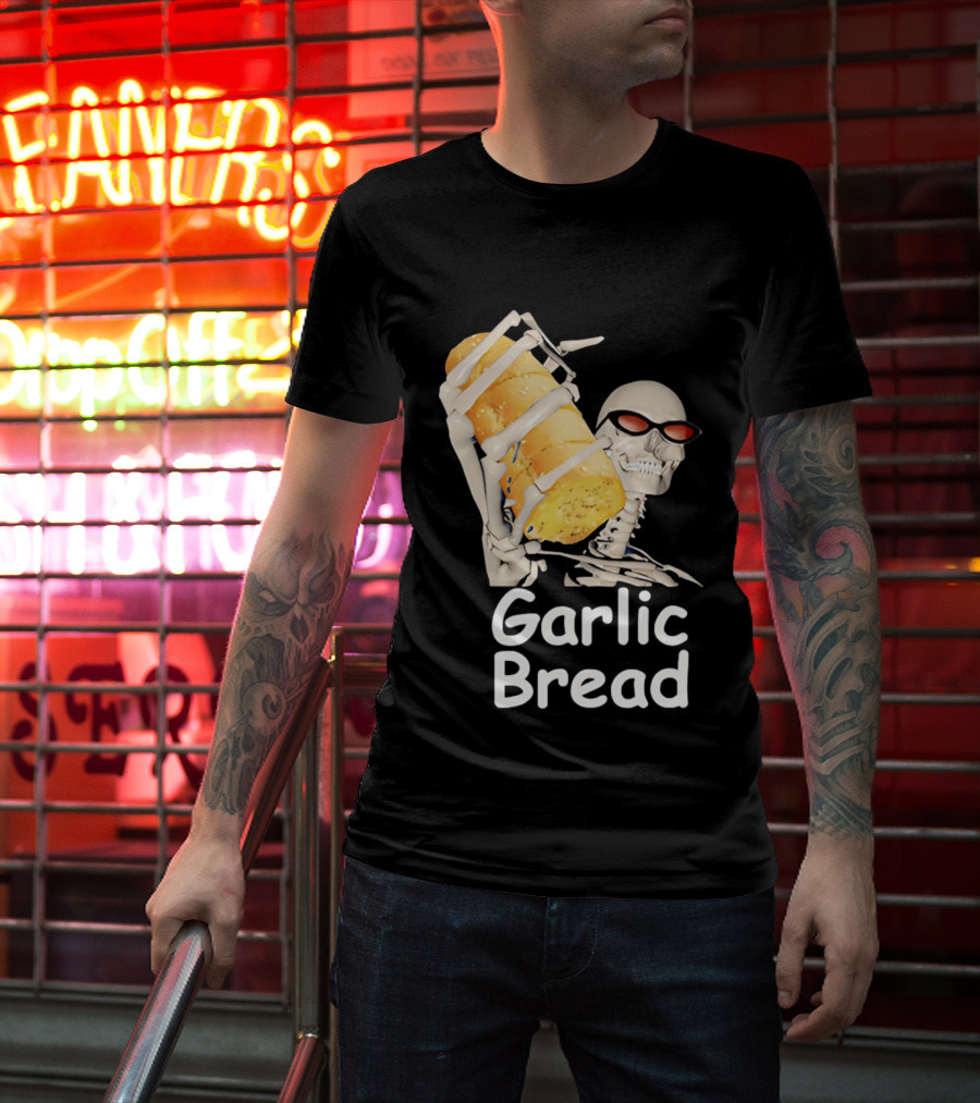 Skeleton Holding Baguette Garlic Bread Wearing Sunglasses T-Shirt