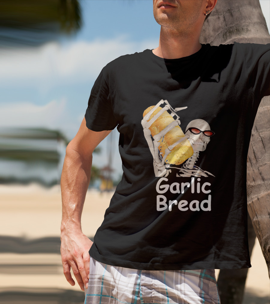 Skeleton Holding Baguette Garlic Bread Wearing Sunglasses T-Shirt