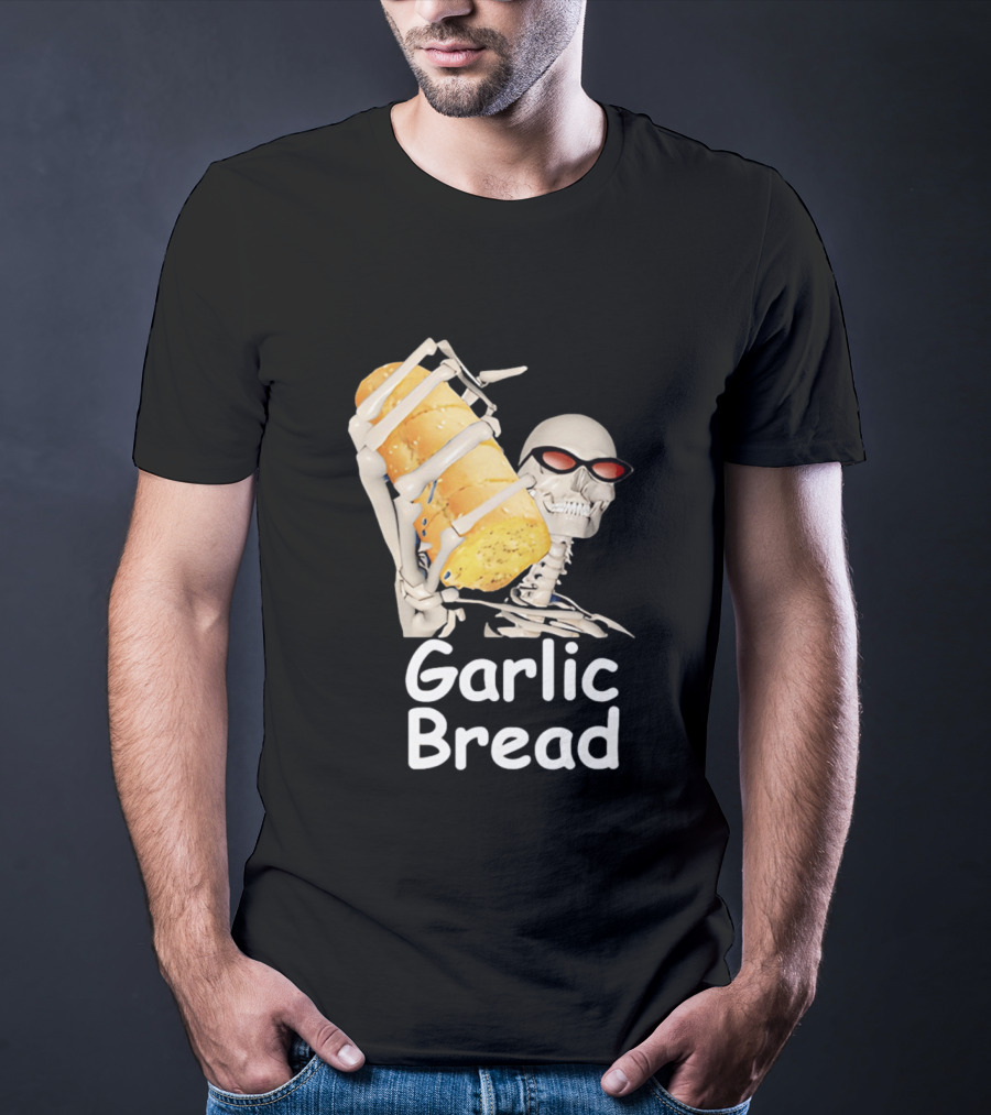 Skeleton Holding Baguette Garlic Bread Wearing Sunglasses T-Shirt
