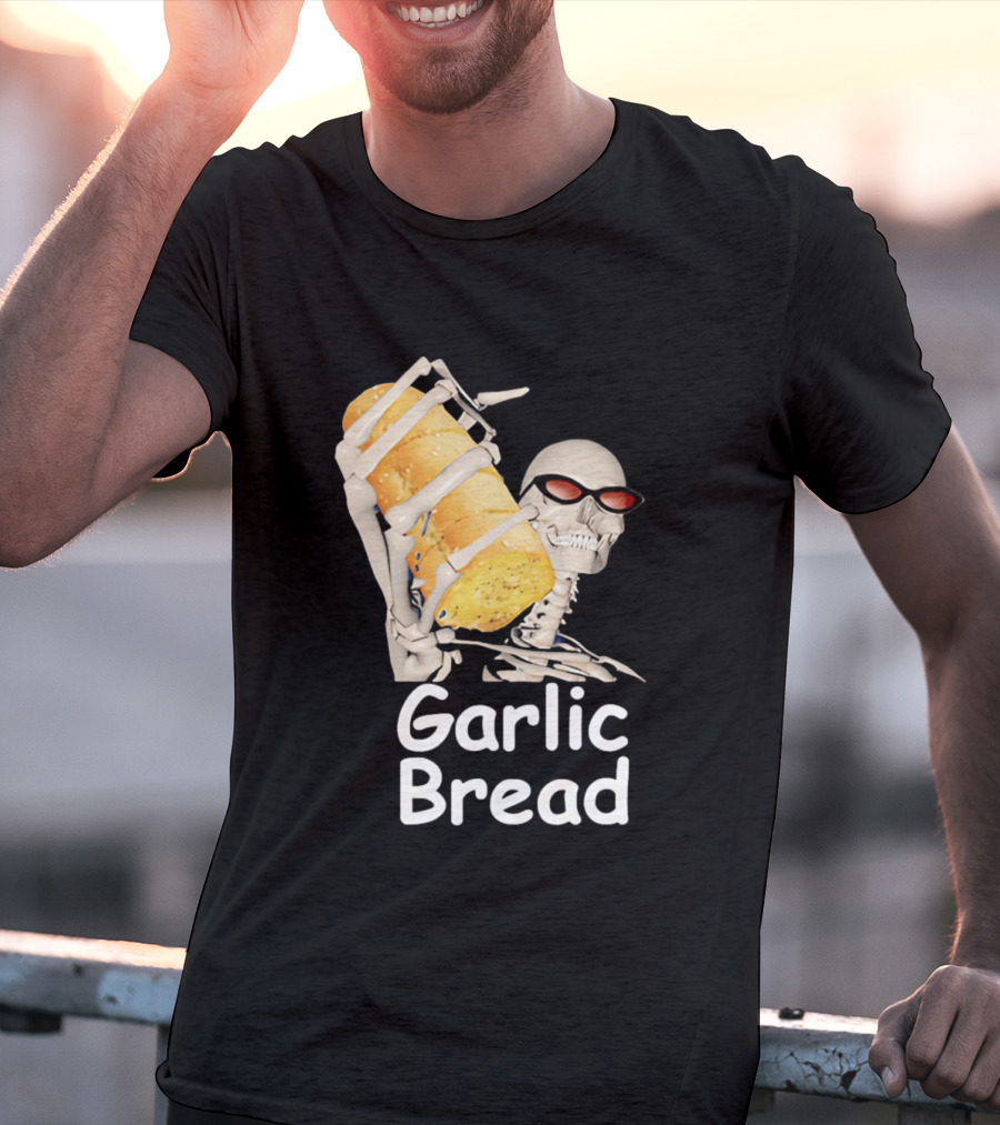 Skeleton Holding Baguette Garlic Bread Wearing Sunglasses T-Shirt