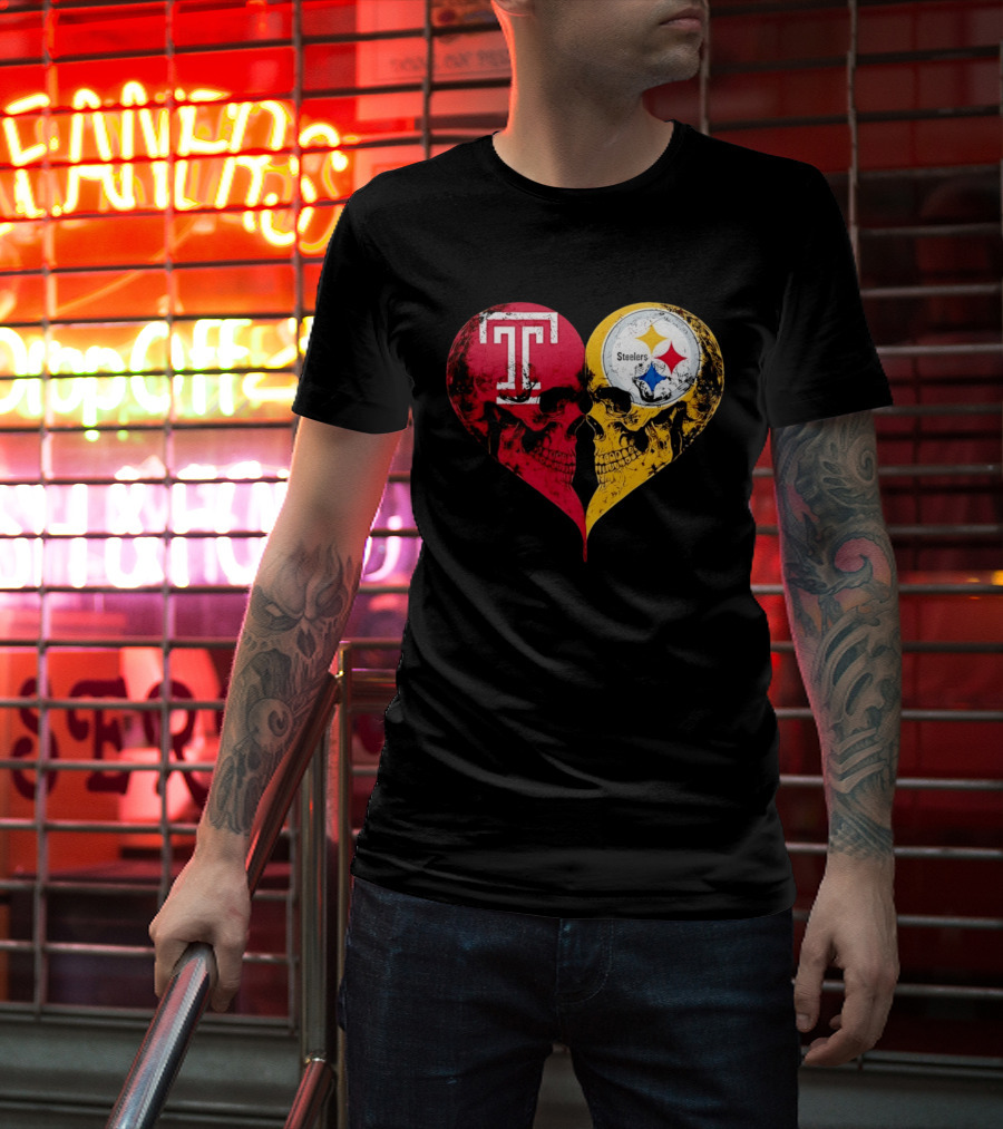Temple Owls Pittsburgh Steelers Skulls Heart Shape Distressed T-Shirt
