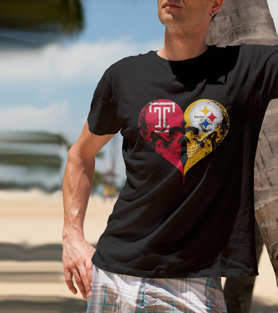 Temple Owls Pittsburgh Steelers Skulls Heart Shape Distressed T-Shirt