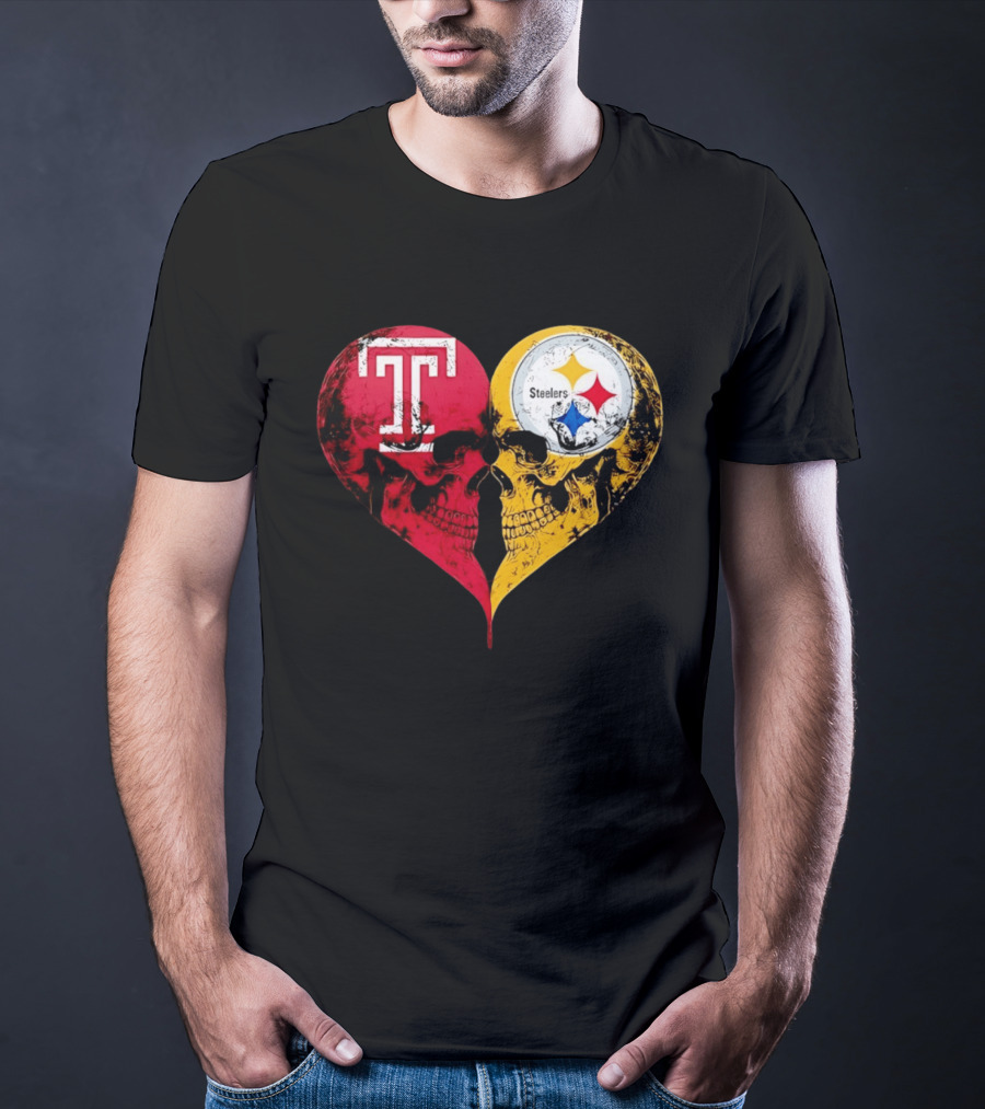 Temple Owls Pittsburgh Steelers Skulls Heart Shape Distressed T-Shirt