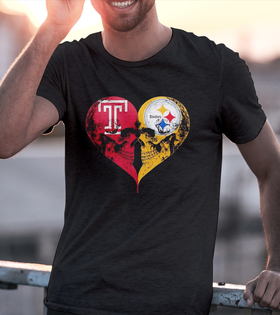 Temple Owls Pittsburgh Steelers Skulls Heart Shape Distressed T-Shirt