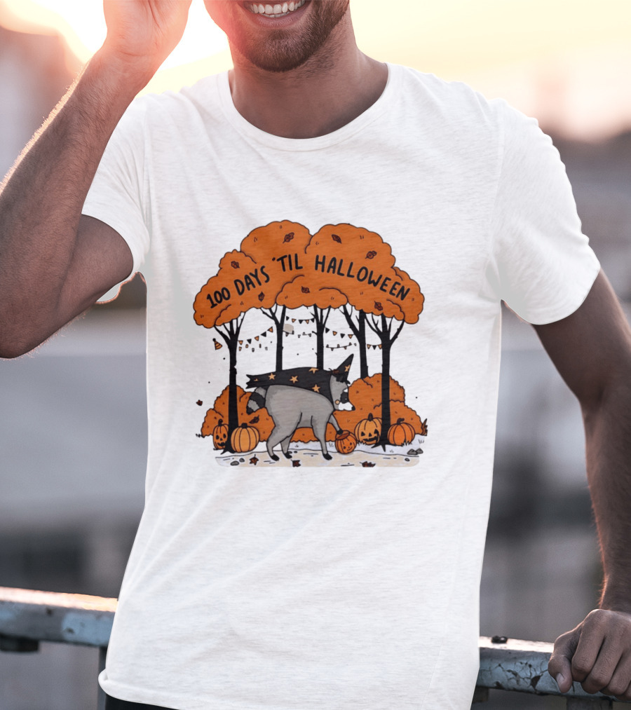 100 Days 'til Halloween Raccoon Wizard Costume In Pumpkin Patch Forest T-Shirt