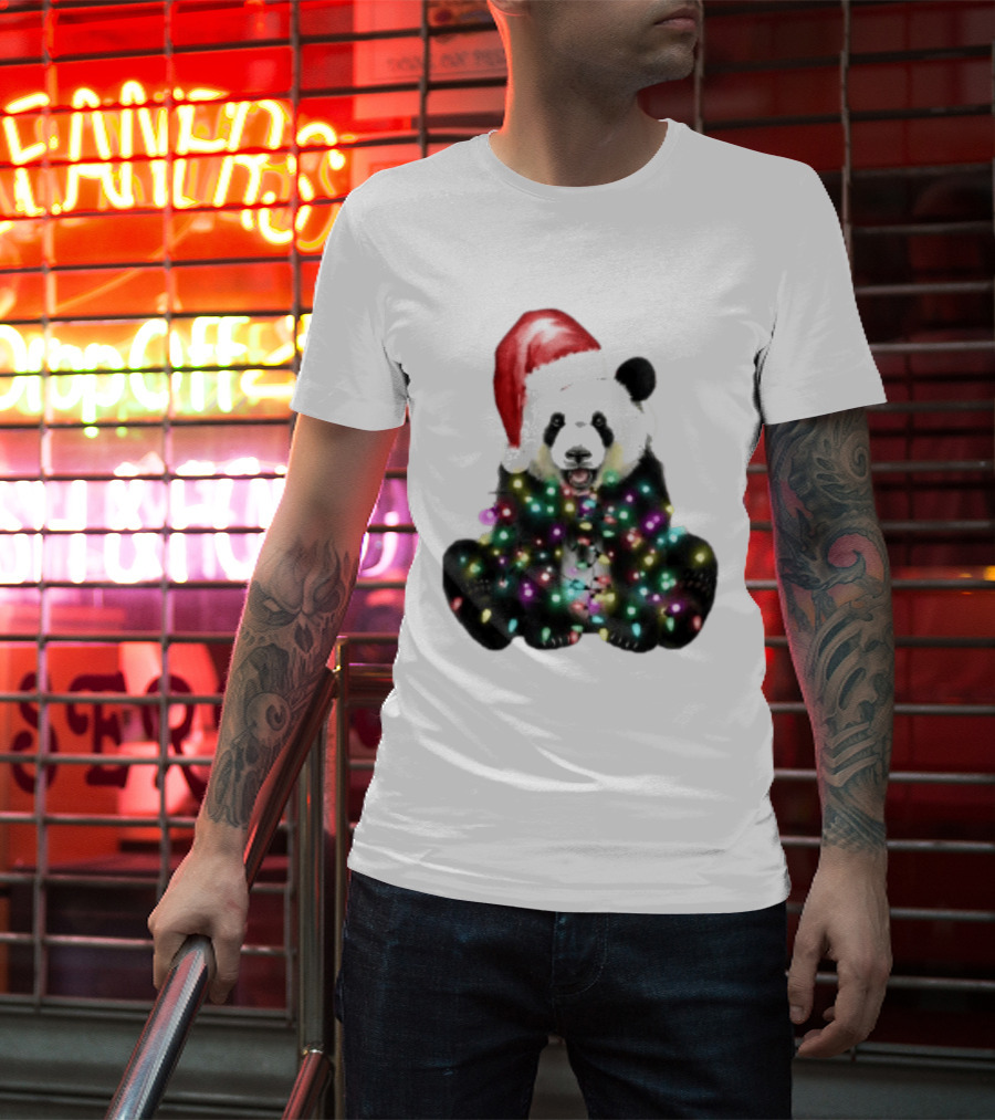 Panda With Christmas Lights And Santa Hat Holiday Animals T-Shirt