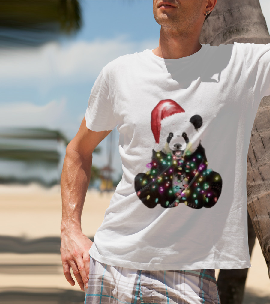 Panda With Christmas Lights And Santa Hat Holiday Animals T-Shirt