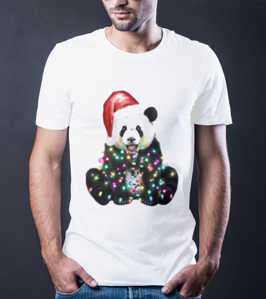 Panda With Christmas Lights And Santa Hat Holiday Animals T-Shirt