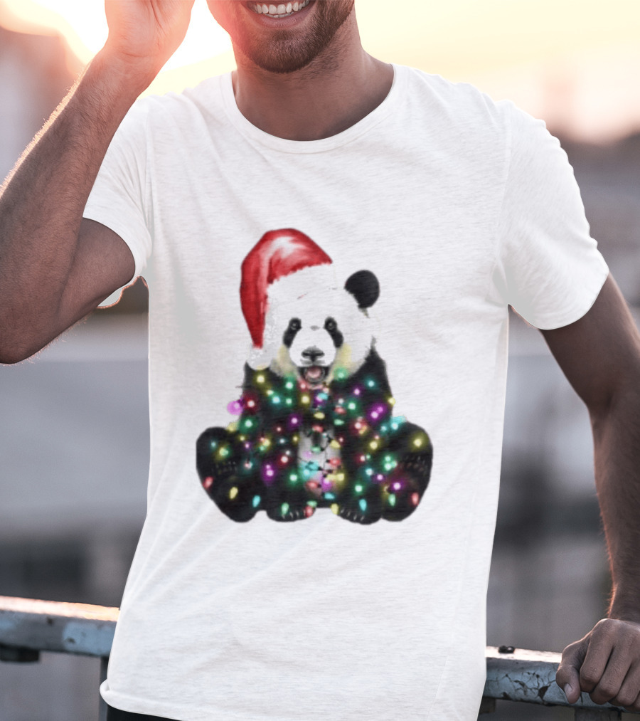 Panda With Christmas Lights And Santa Hat Holiday Animals T-Shirt