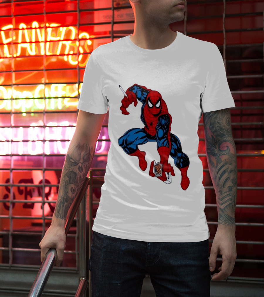 Marlboro Spider Man Crouching Holding Cigarette Packcartoon T-Shirt