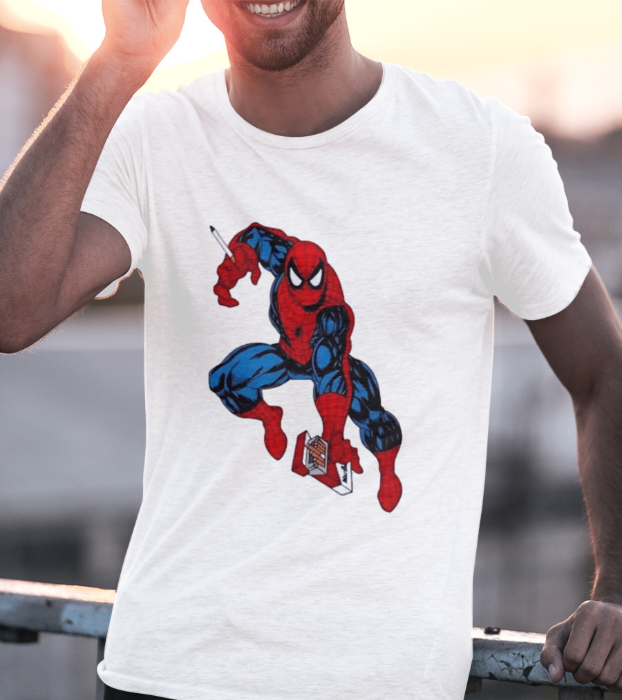 Marlboro Spider Man Crouching Holding Cigarette Packcartoon T-Shirt
