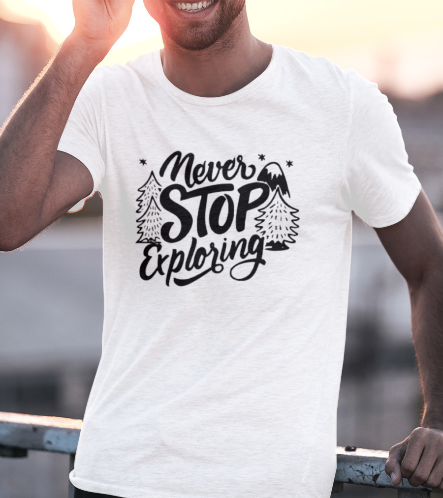 Never Stop Exploring Pine Trees Snowy Mountain Peak Stars T-Shirt