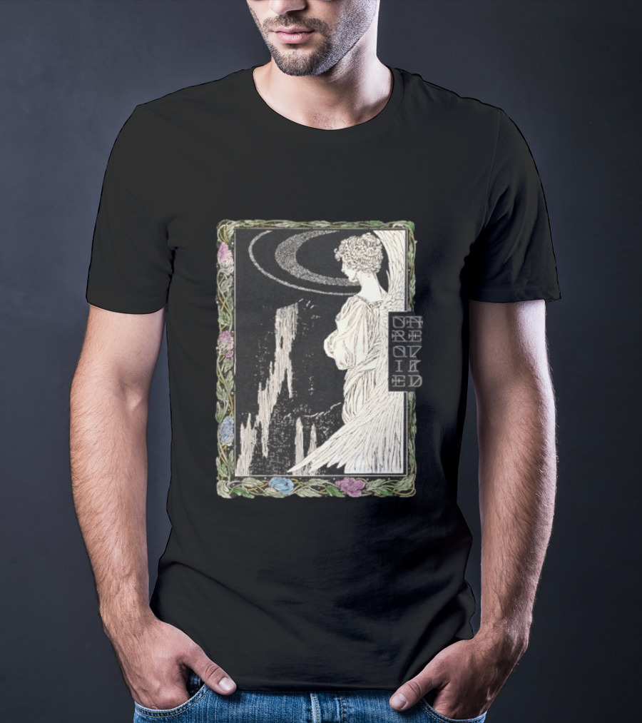 Angel Nouveau Unraveled Floral Frame Illustrative Art Winged Celestial Figure T-Shirt