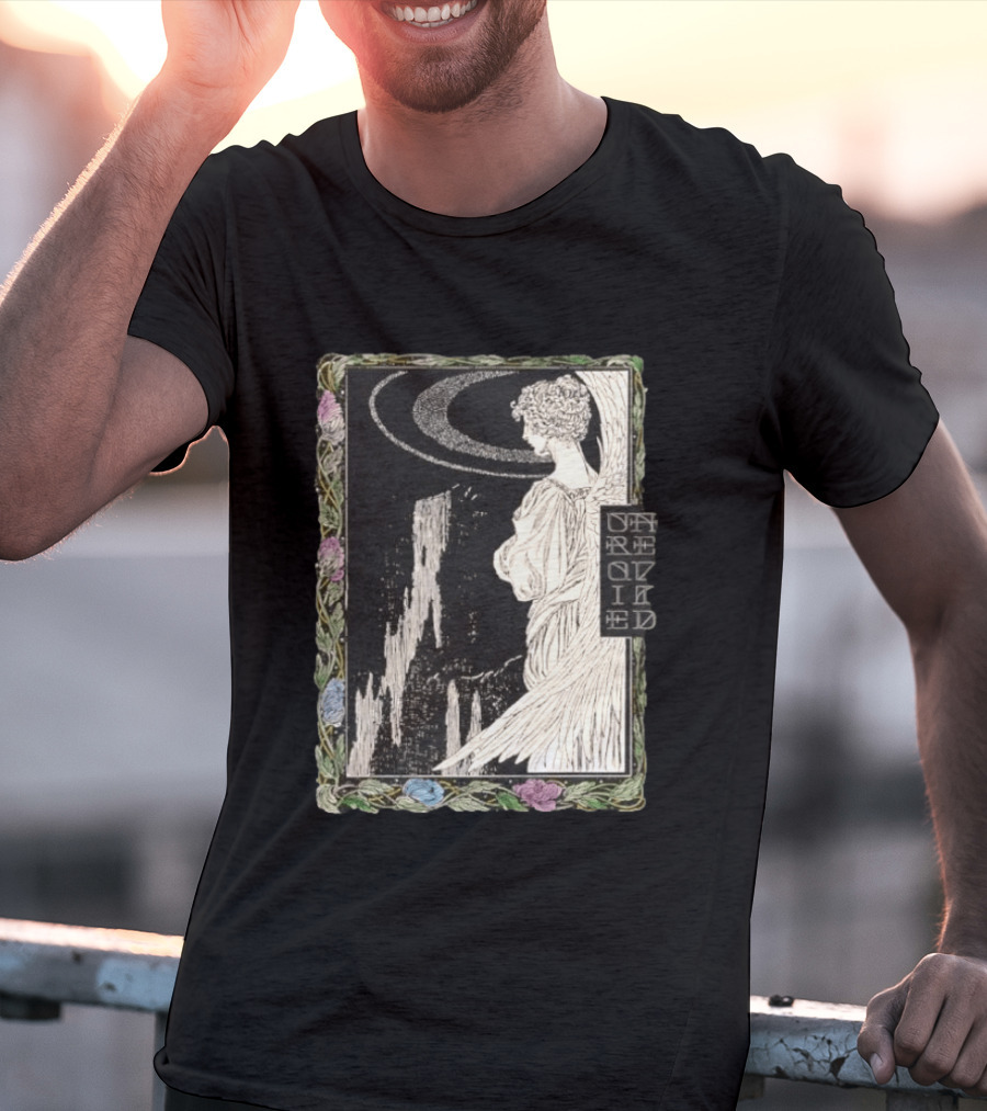 Angel Nouveau Unraveled Floral Frame Illustrative Art Winged Celestial Figure T-Shirt