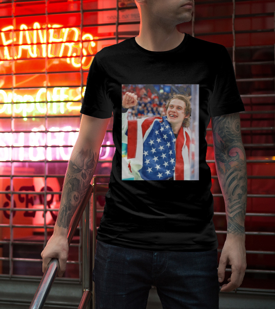 Jack Hughes USA Hockey World Champs 2026 Victory Celebration American Flag T-Shirt
