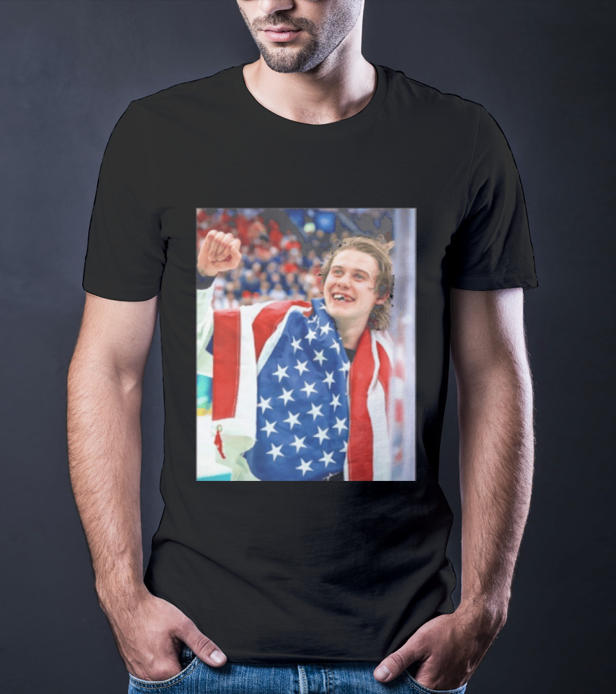 Jack Hughes USA Hockey World Champs 2026 Victory Celebration American Flag T-Shirt
