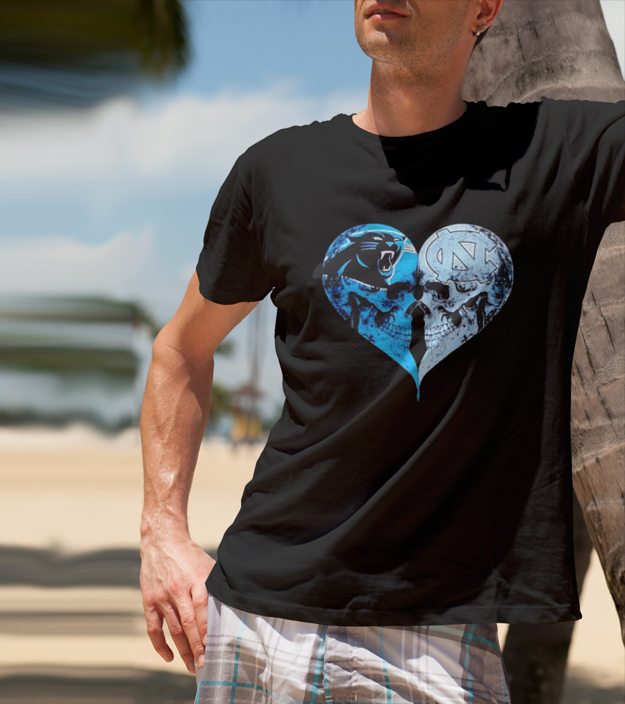 Carolina Panthers North Carolina Tar Heels Skulls Face To Face Heart Shape T-Shirt