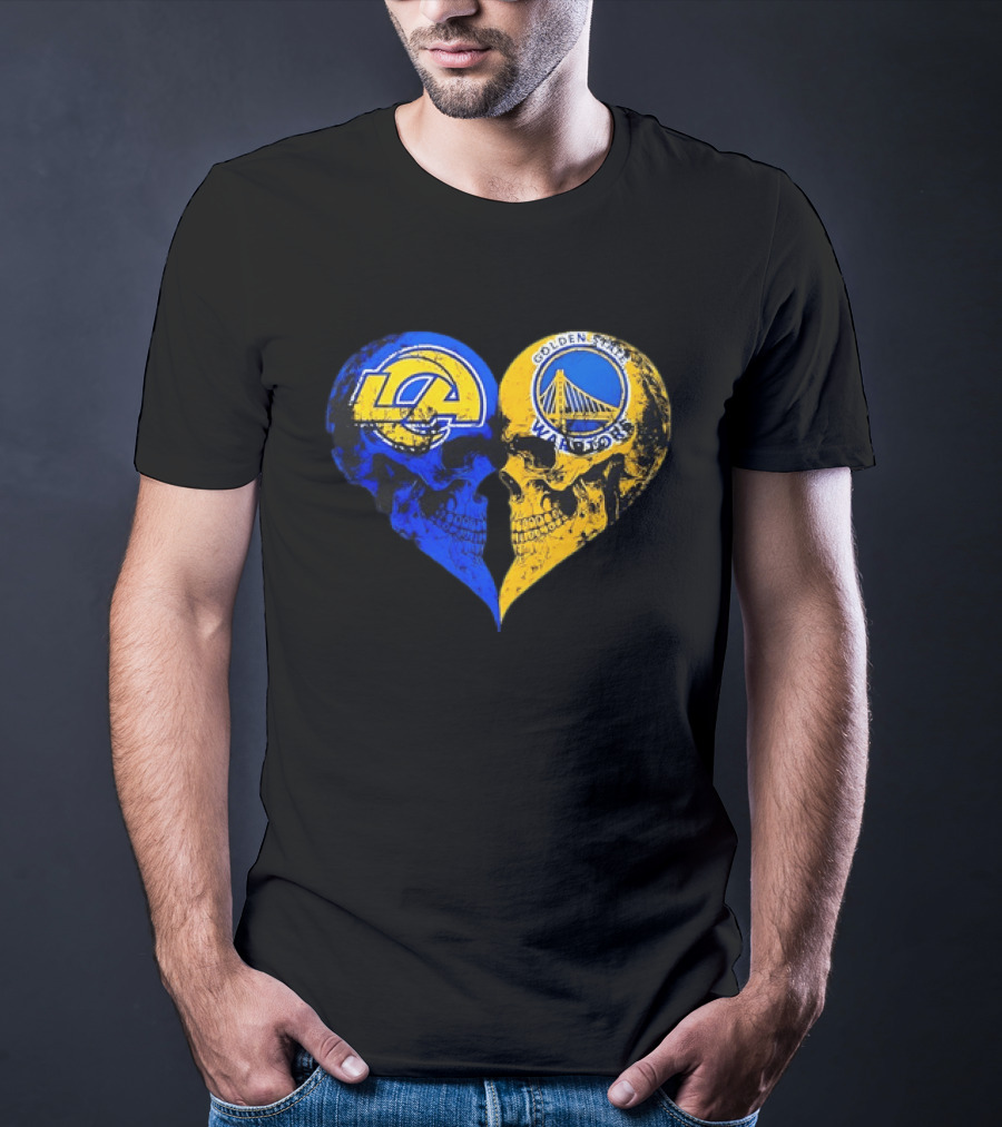 Los Angeles Rams Golden State Warriors Heart Shaped Skulls Distressed T-Shirt