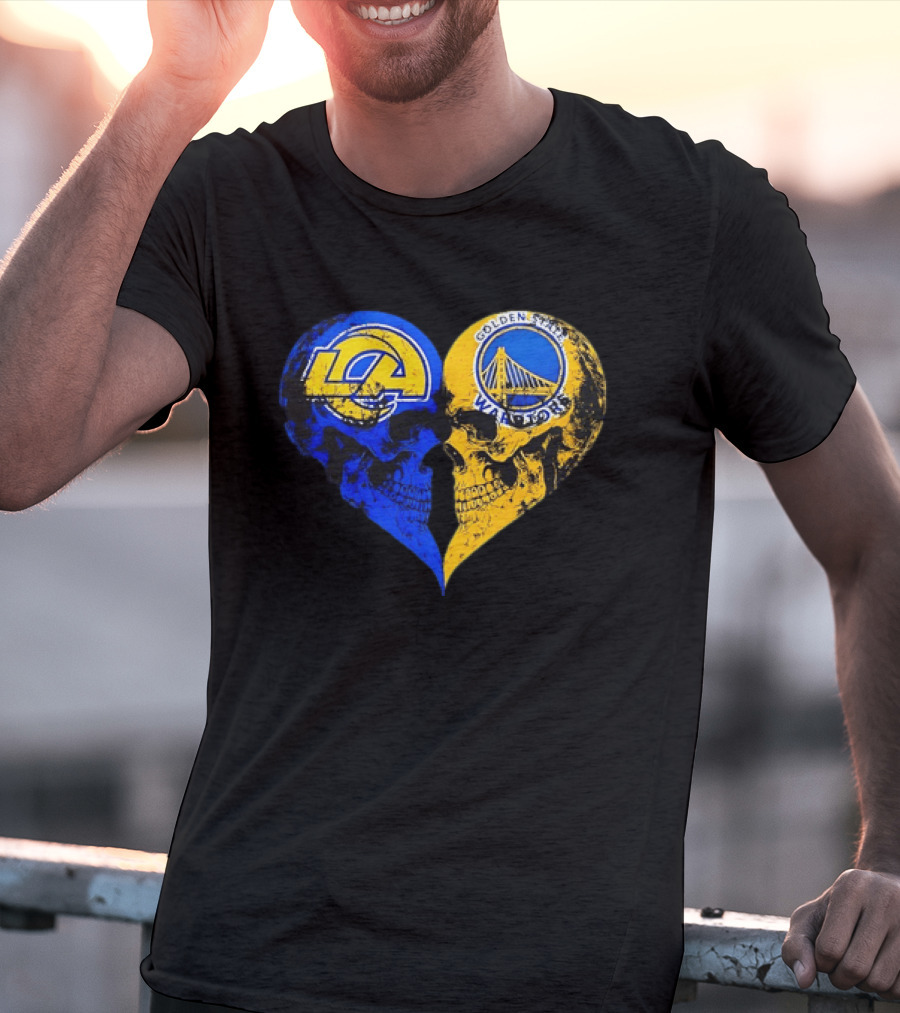 Los Angeles Rams Golden State Warriors Heart Shaped Skulls Distressed T-Shirt
