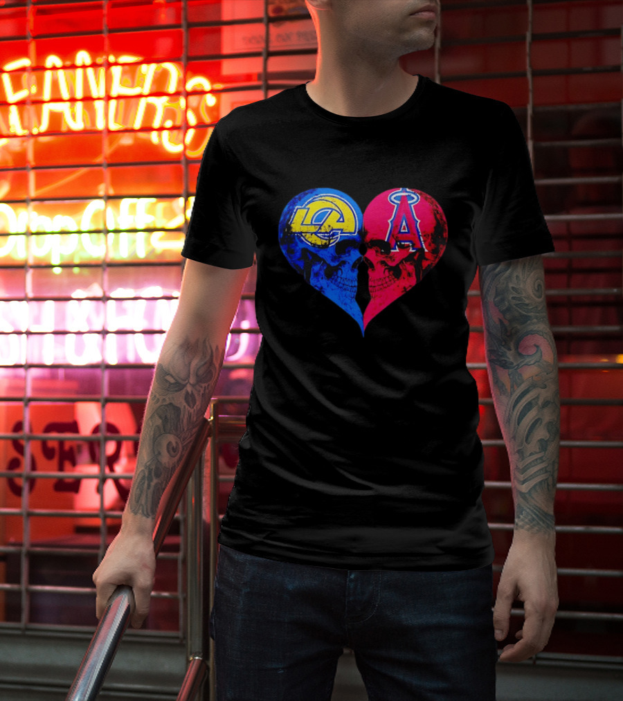 Los Angeles Rams Vs Los Angeles Angels Skulls Heart Face To Face Distressed T-Shirt