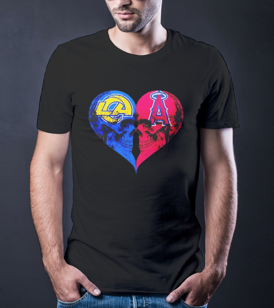 Los Angeles Rams Vs Los Angeles Angels Skulls Heart Face To Face Distressed T-Shirt