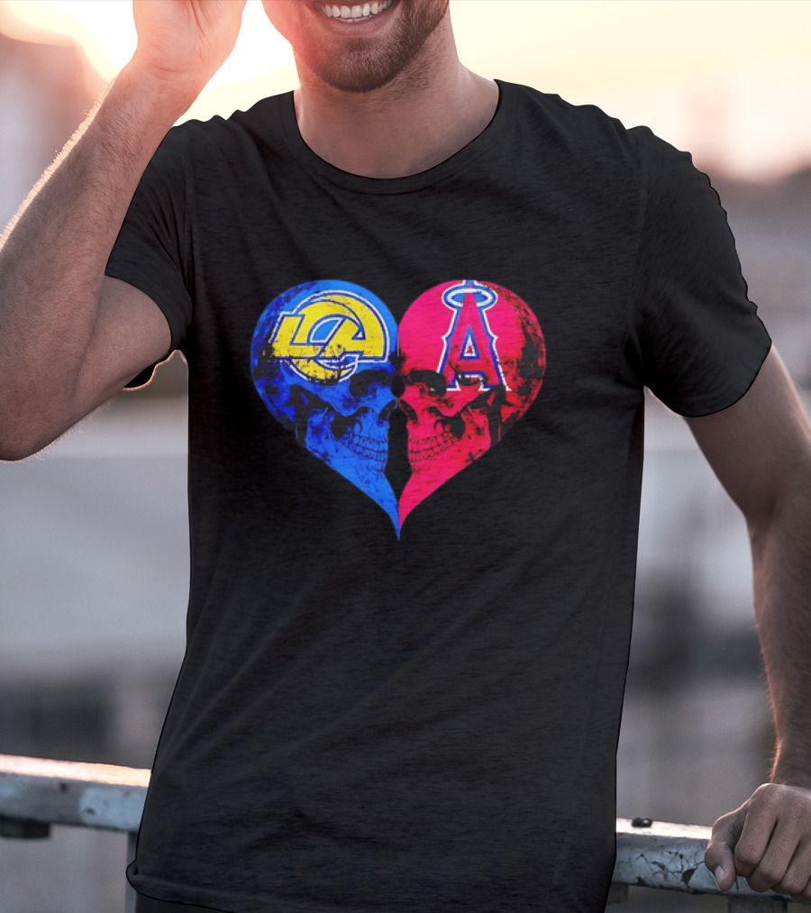 Los Angeles Rams Vs Los Angeles Angels Skulls Heart Face To Face Distressed T-Shirt