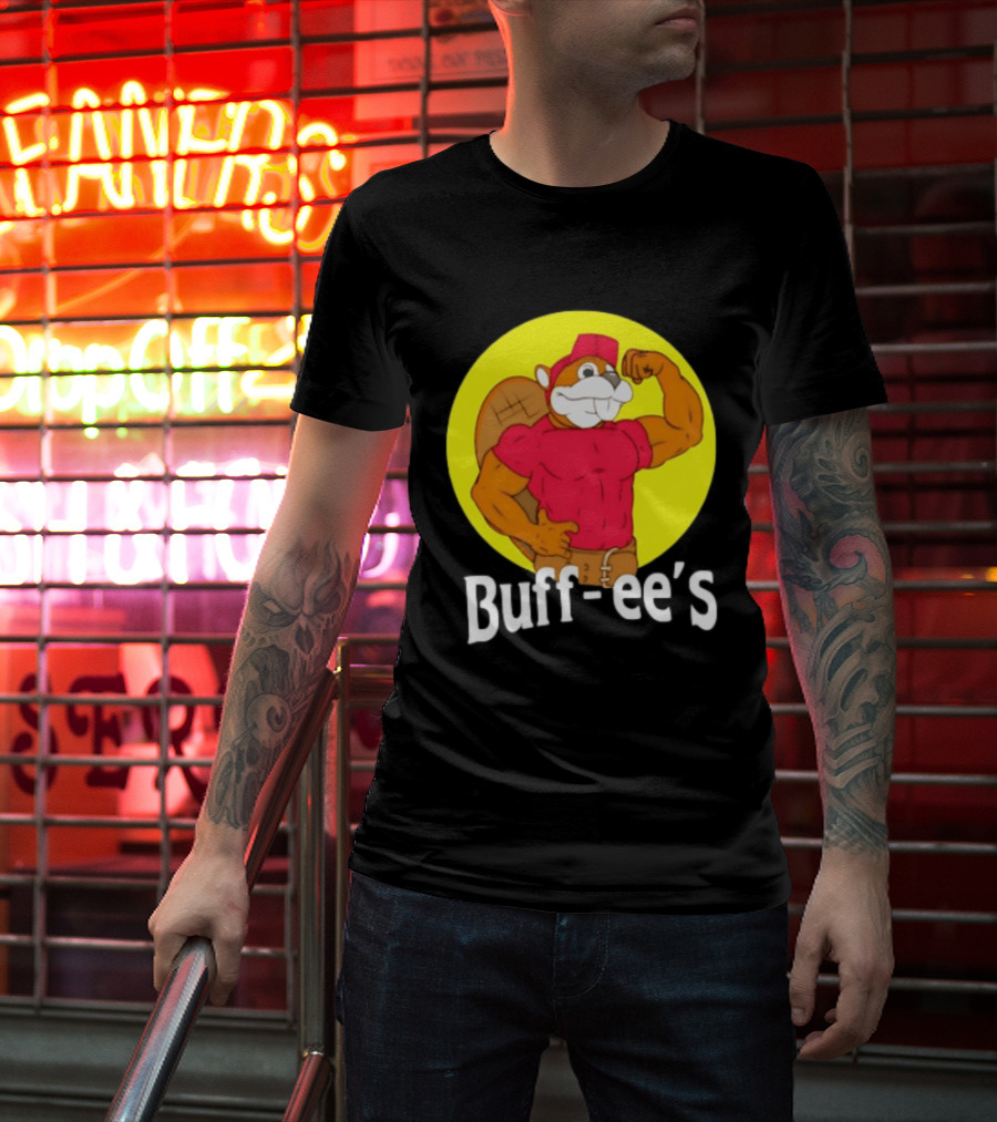 Buff Ee's Strong Muscular Beaver Character In Red Outfit T-Shirt