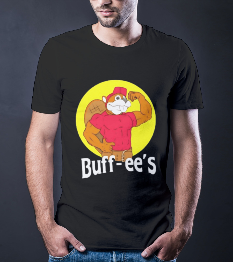 Buff Ee's Strong Muscular Beaver Character In Red Outfit T-Shirt