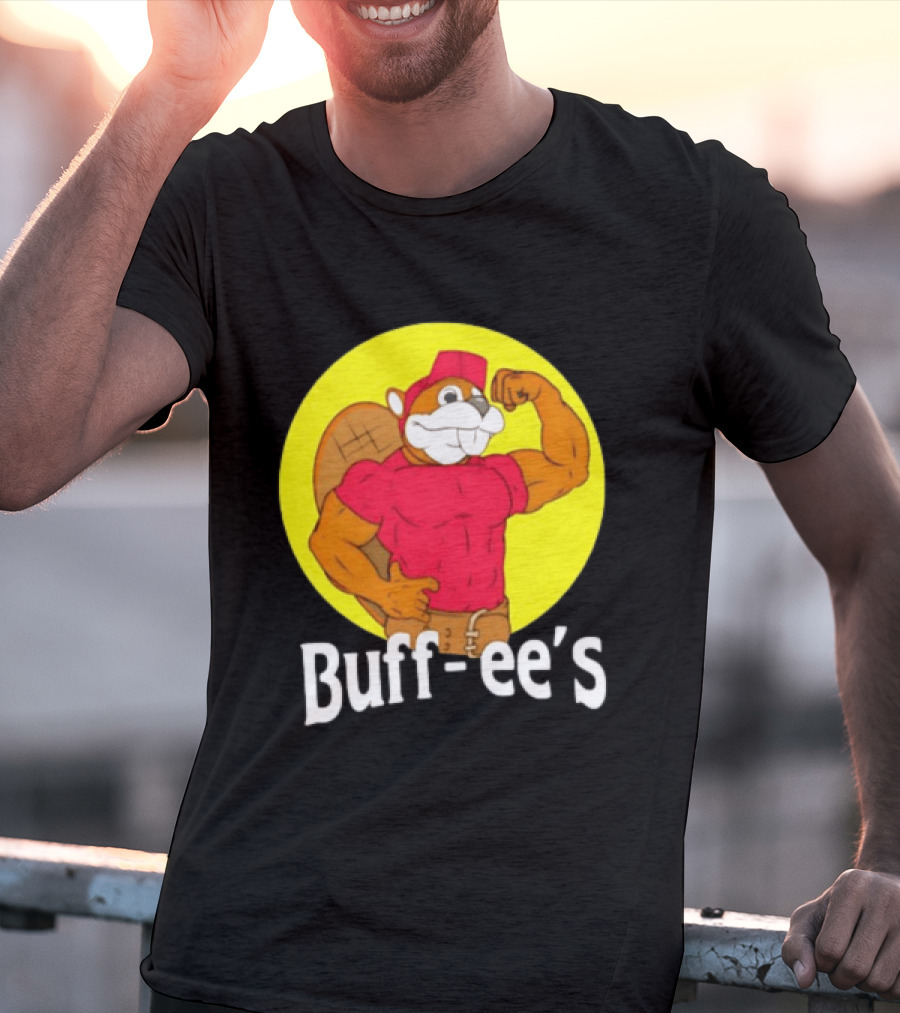 Buff Ee's Strong Muscular Beaver Character In Red Outfit T-Shirt