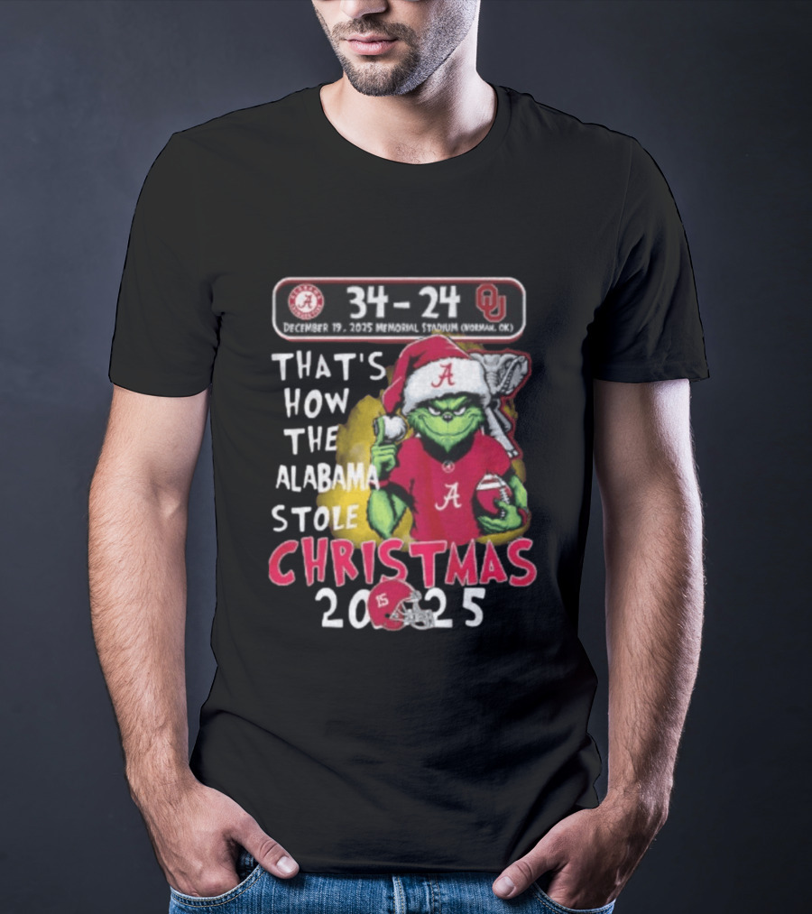 Grinch Santa Alabama Crimson Tide 34 24 Oklahoma Sooners That's How The Alabama Stole Christmas 2025 T-Shirt