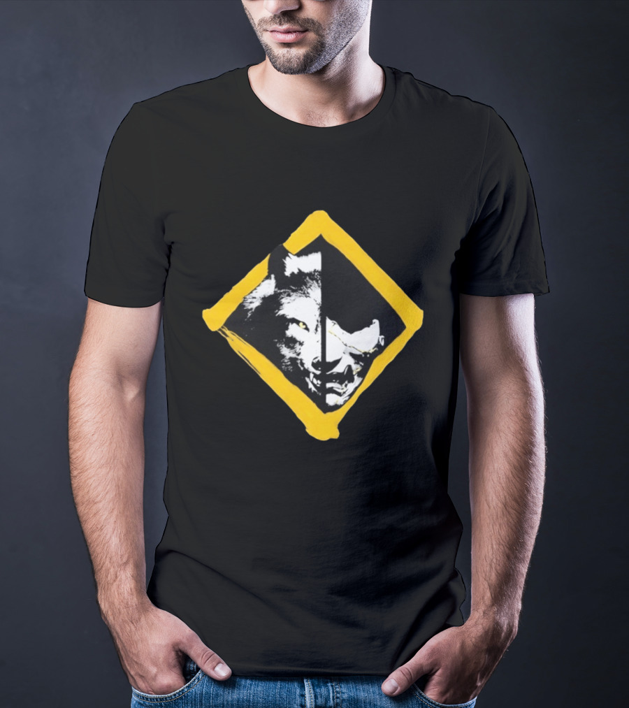 Wolf And Boar Split Face Diamond Yellow Border T-Shirt