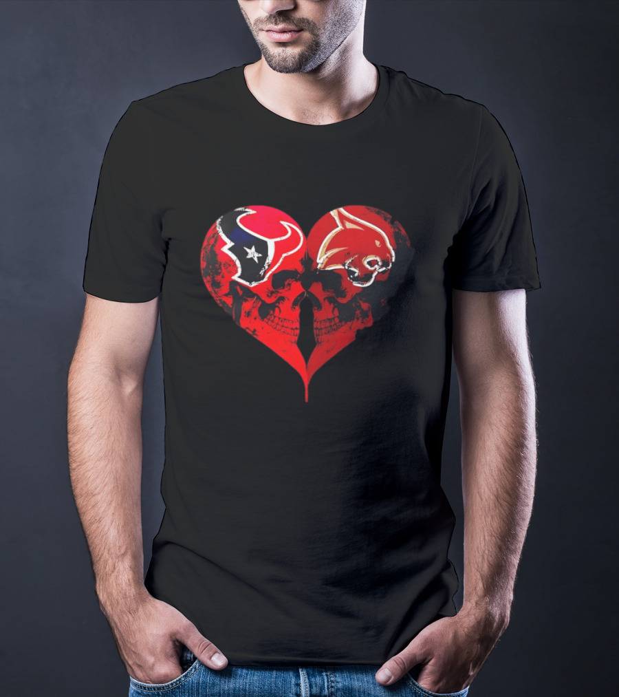Houston Texans And Tampa Bay Buccaneers Skulls Heart Shape Distressed T-Shirt