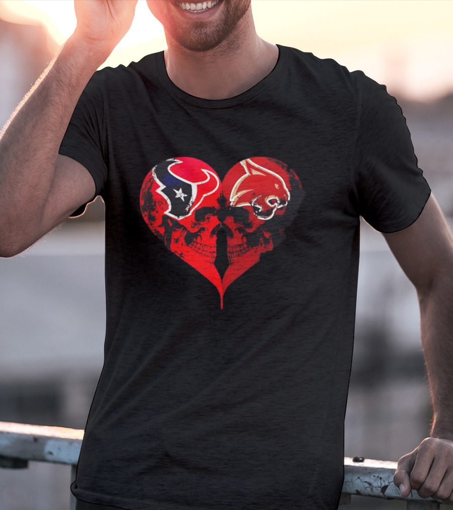 Houston Texans And Tampa Bay Buccaneers Skulls Heart Shape Distressed T-Shirt