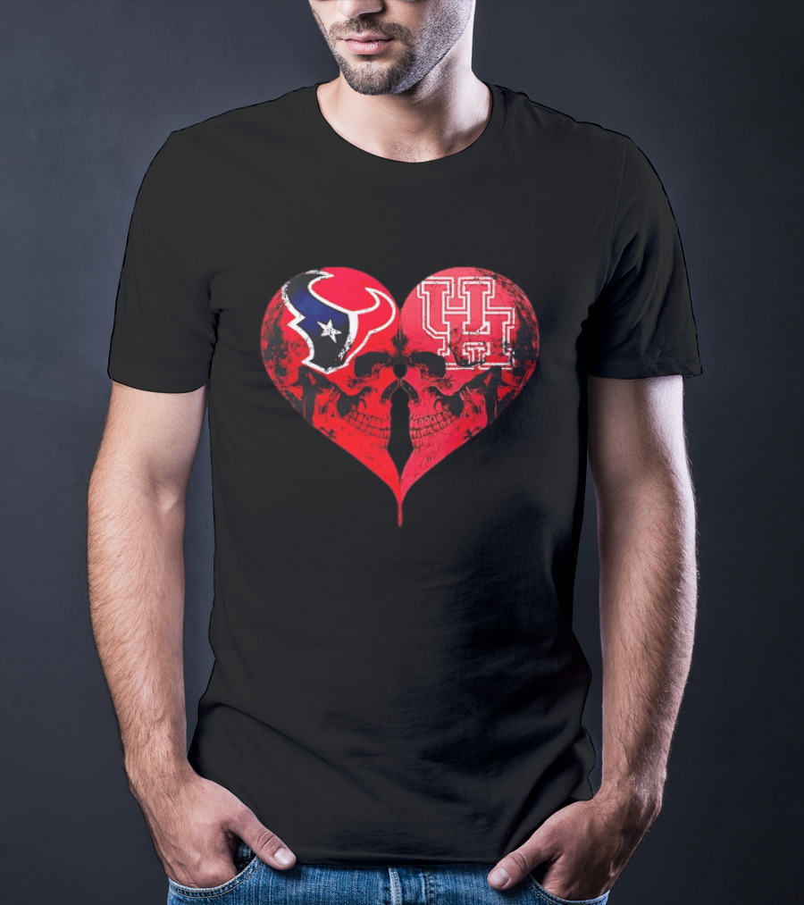 Houston Texans University Of Houston Cougars Heart Shaped Skulls Football Fans T-Shirt