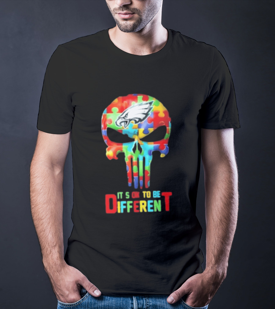 Philadelphia Eagles Skull Puzzle Autism Awareness It's Ok To Be Different T-Shirt