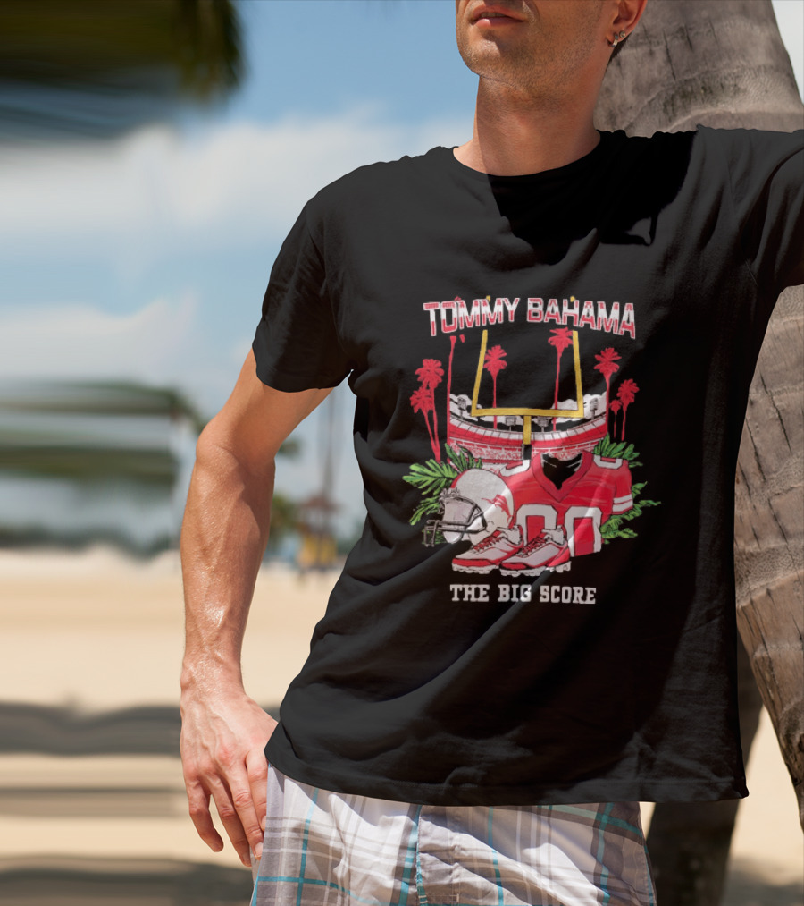Tommy Bahama The Big Score Football Stadium Jersey And Helmet Football Scene T-Shirt