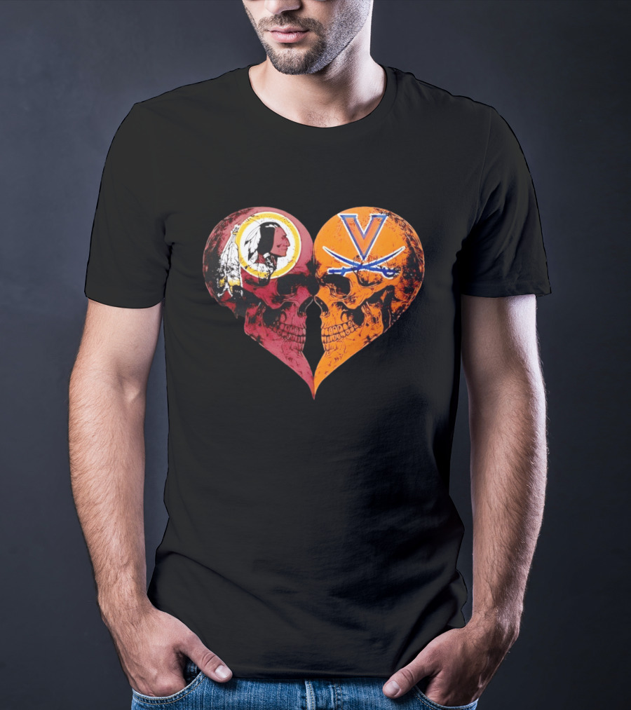 Washington Redskins Virginia Cavaliers Skulls Face To Face Heart Shape Distressed T-Shirt