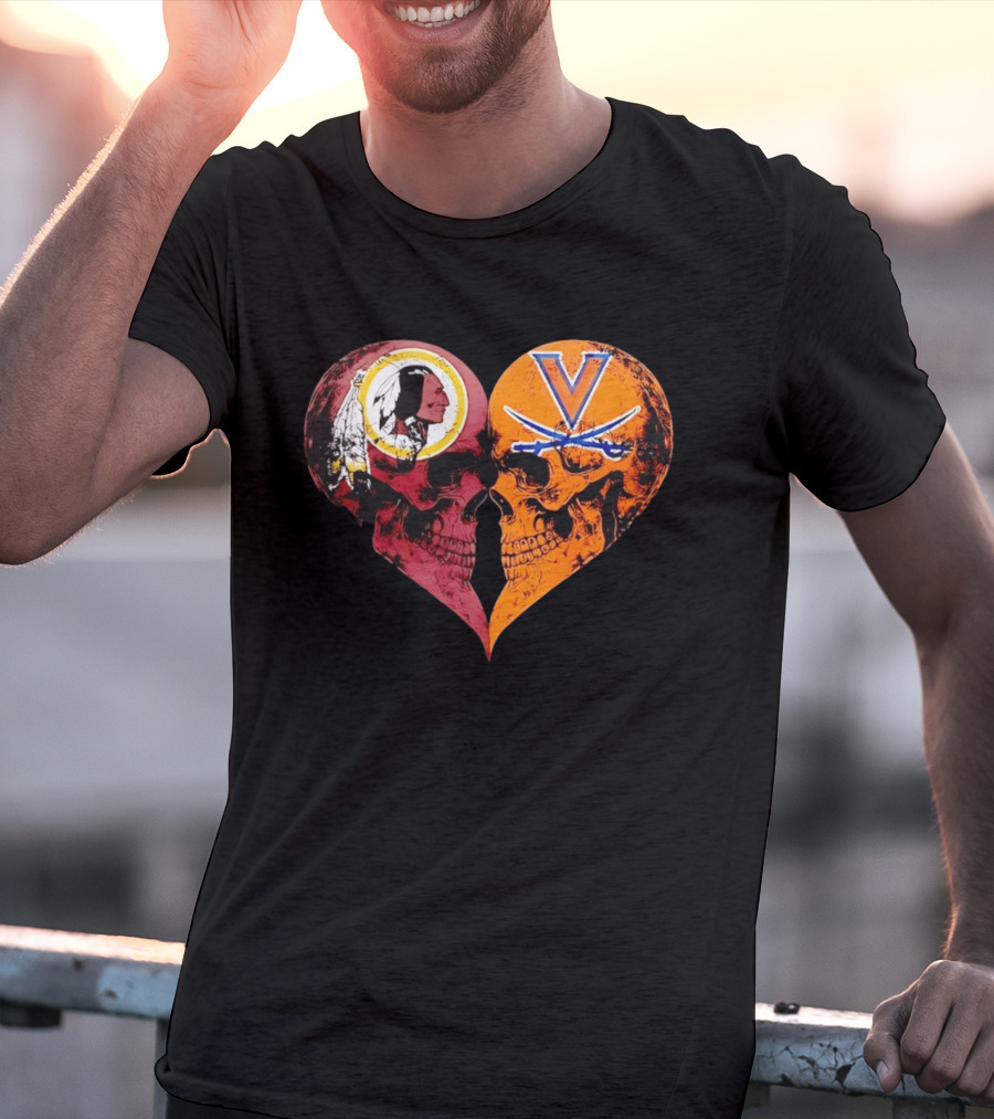 Washington Redskins Virginia Cavaliers Skulls Face To Face Heart Shape Distressed T-Shirt