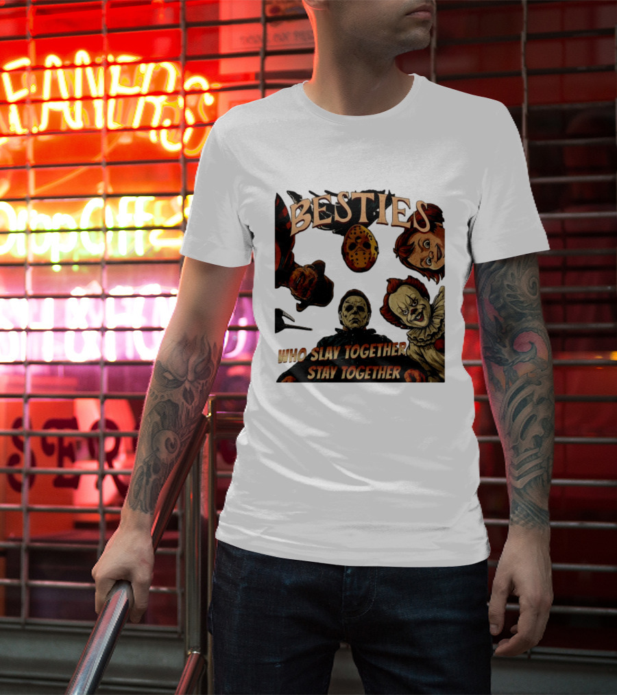 BESTIES Horror Movie Characters Mask Iconic Slayers Pennywise Knife Doll Together T-Shirt