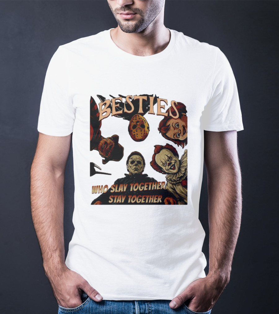 BESTIES Horror Movie Characters Mask Iconic Slayers Pennywise Knife Doll Together T-Shirt