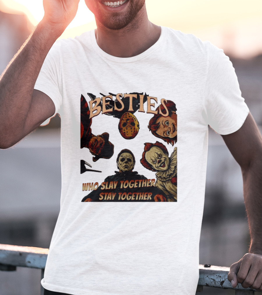 BESTIES Horror Movie Characters Mask Iconic Slayers Pennywise Knife Doll Together T-Shirt
