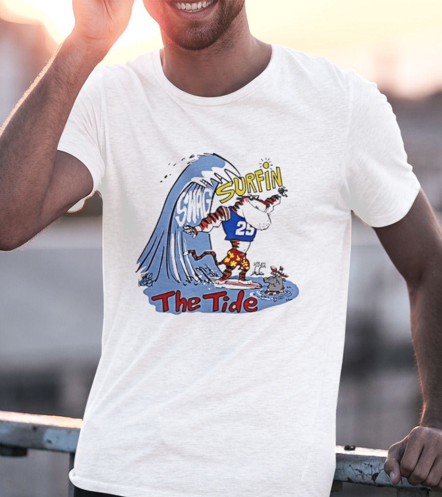 Classic Alabama Gameday Surfin The Tide Tiger In Red Flower Shorts Riding Wave T-Shirt