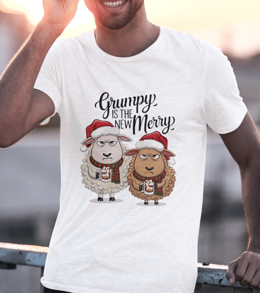 Grumpy Is The New Merry Christmas Sheep Santa Hat Holiday Humor T-Shirt