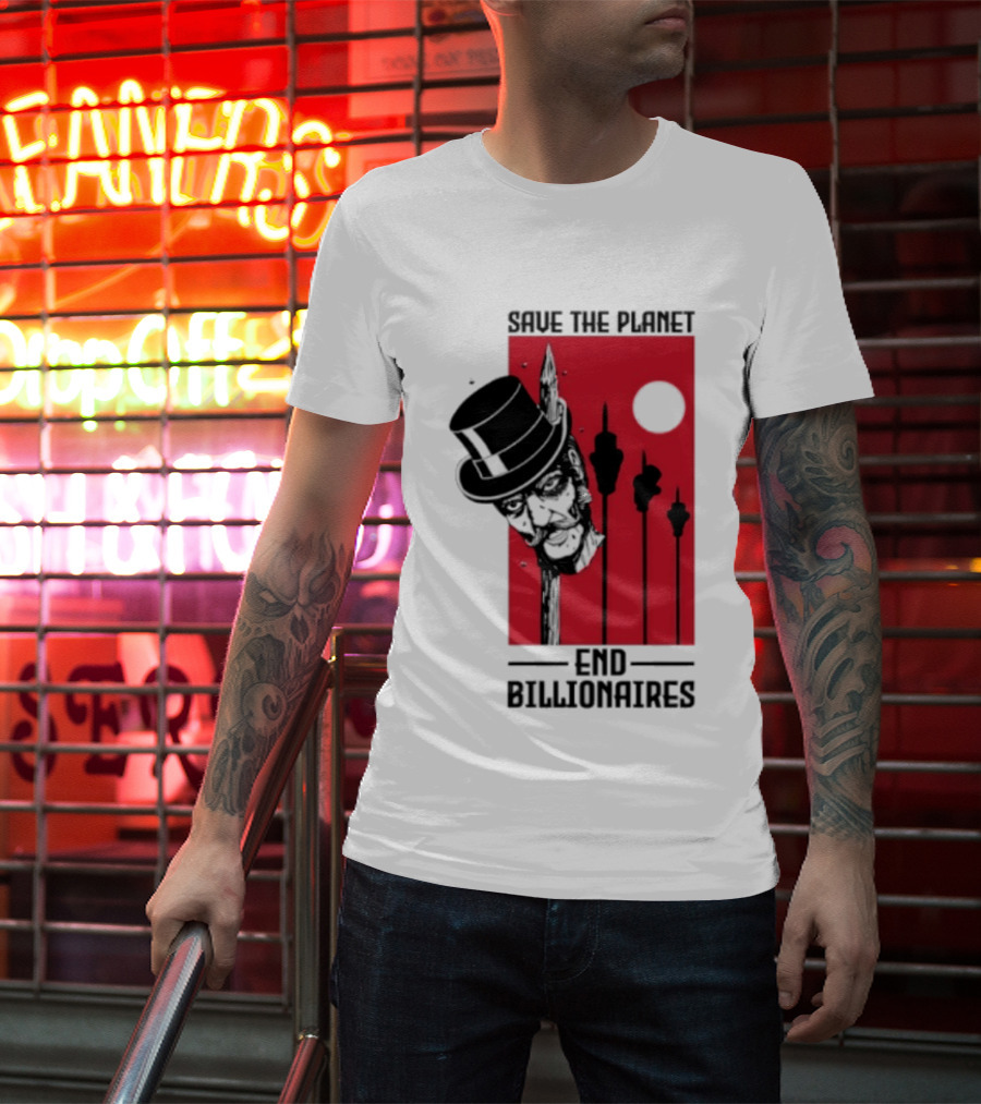 Original Save The Planet End Billionaires Top Hat Monopoly Man Red Sun T-Shirt