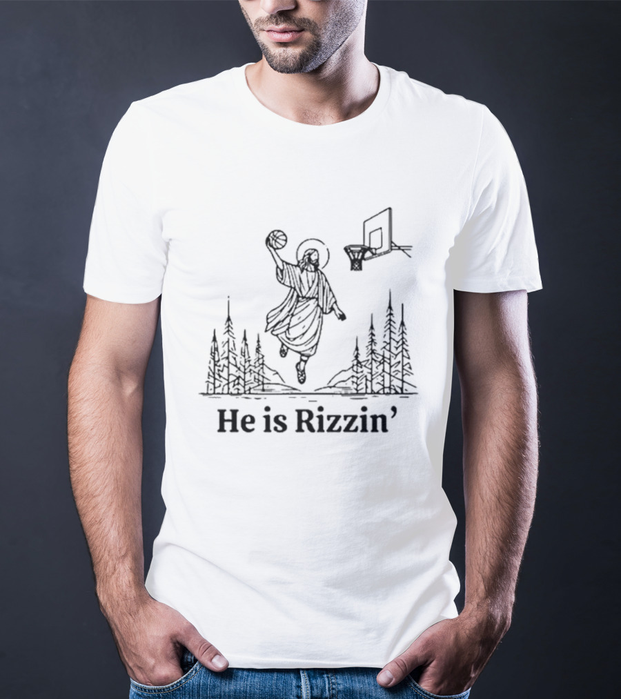 He Is Rizzin Basketball Angel Easter Forest Scene T-Shirt