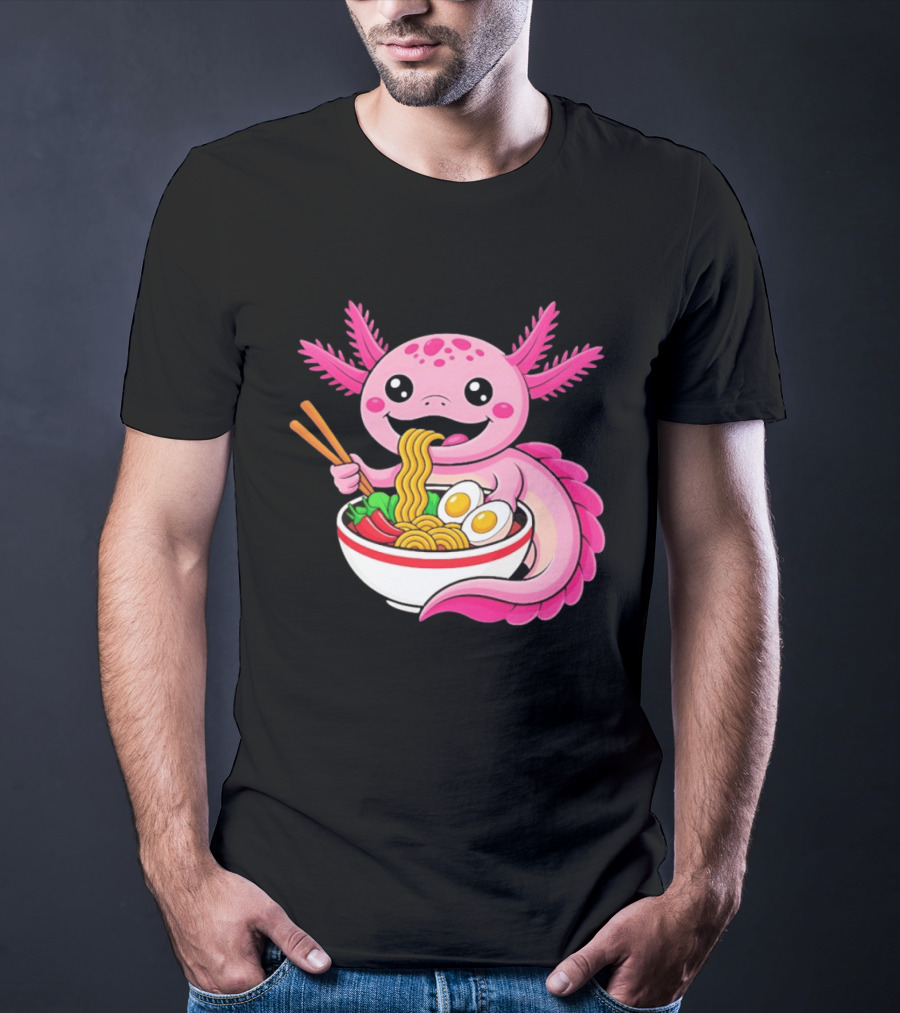 Axolotl Eating Ramen Kawaii Style With Chopsticks And Eggs T-Shirt